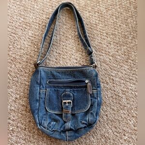 Denim Pocket Crossbody Bag with Brown Accents